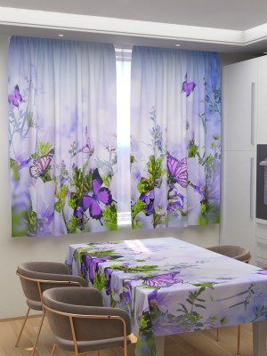 Фотошторы для кухни Фиолетовые бабочки на цветах