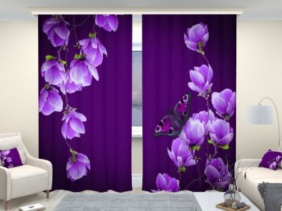 Фотошторы люкс Цветы магнолии на пурпурном фоне